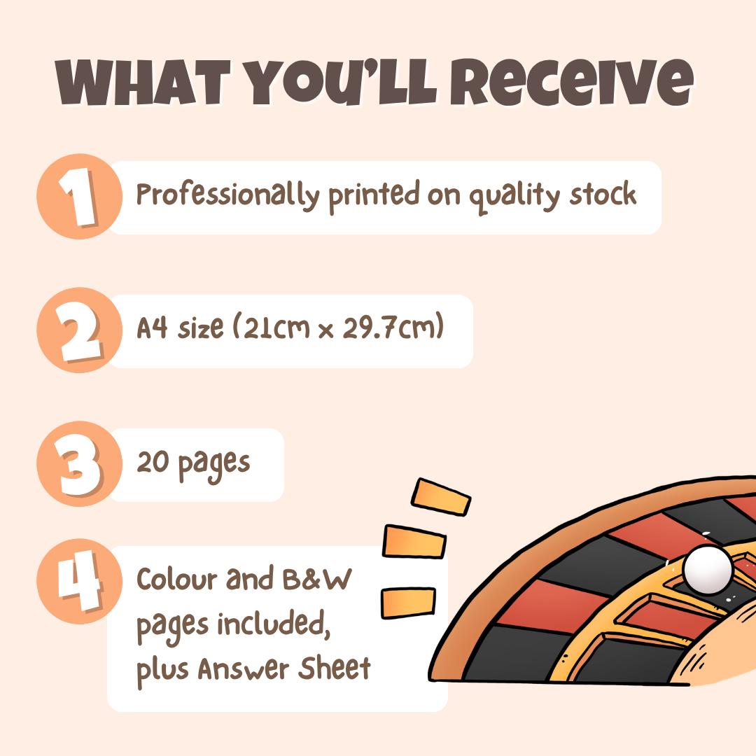 What you'll receive showing professionally printed activity pack on quality stock in A4 size with 20 pages including colour and black and white pages plus answer sheet