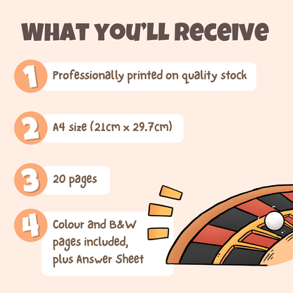 What you'll receive showing professionally printed activity pack on quality stock in A4 size with 20 pages including colour and black and white pages plus answer sheet