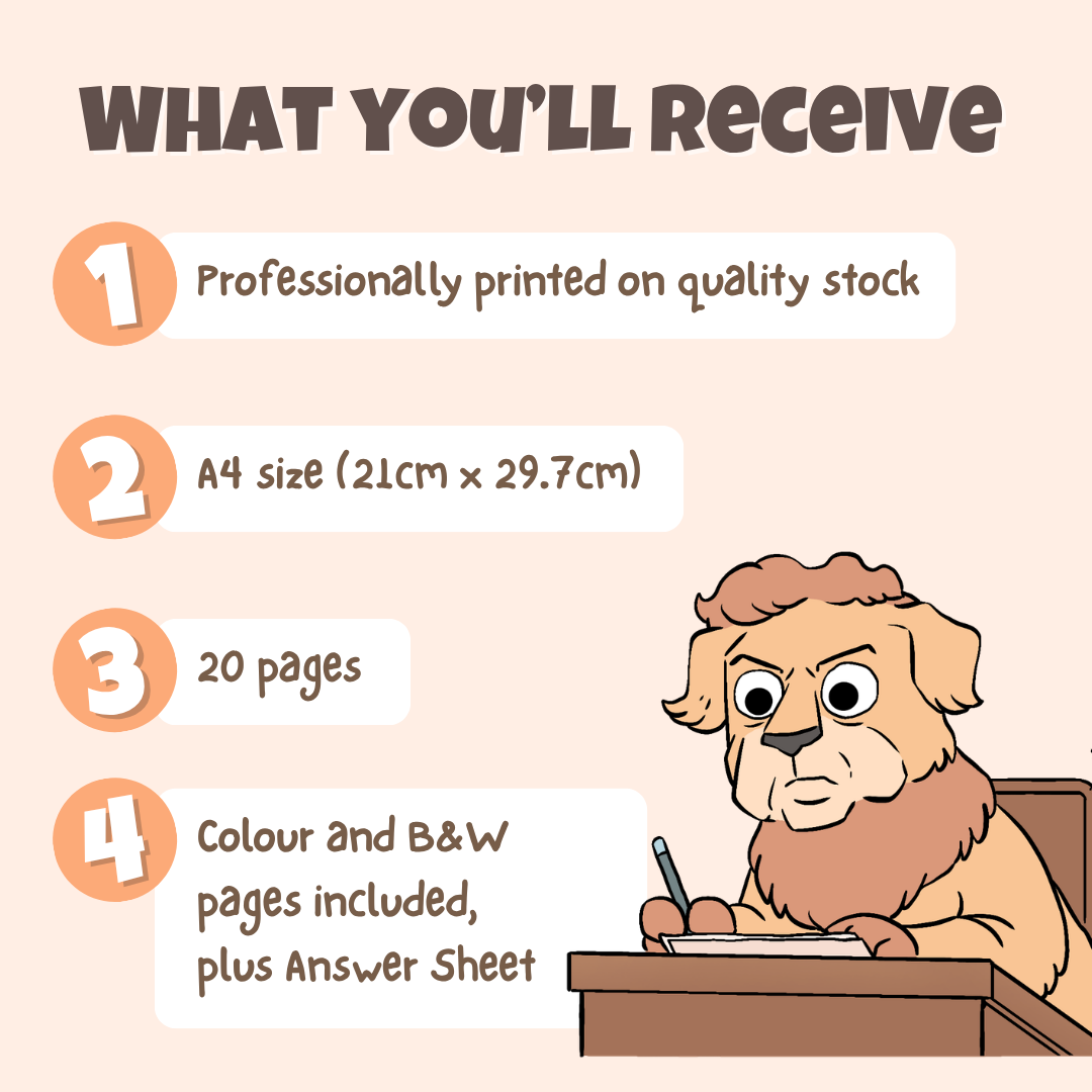 What you'll receive showing professionally printed activity pack on quality stock in A4 size with 20 pages including colour and black and white pages plus answer sheet