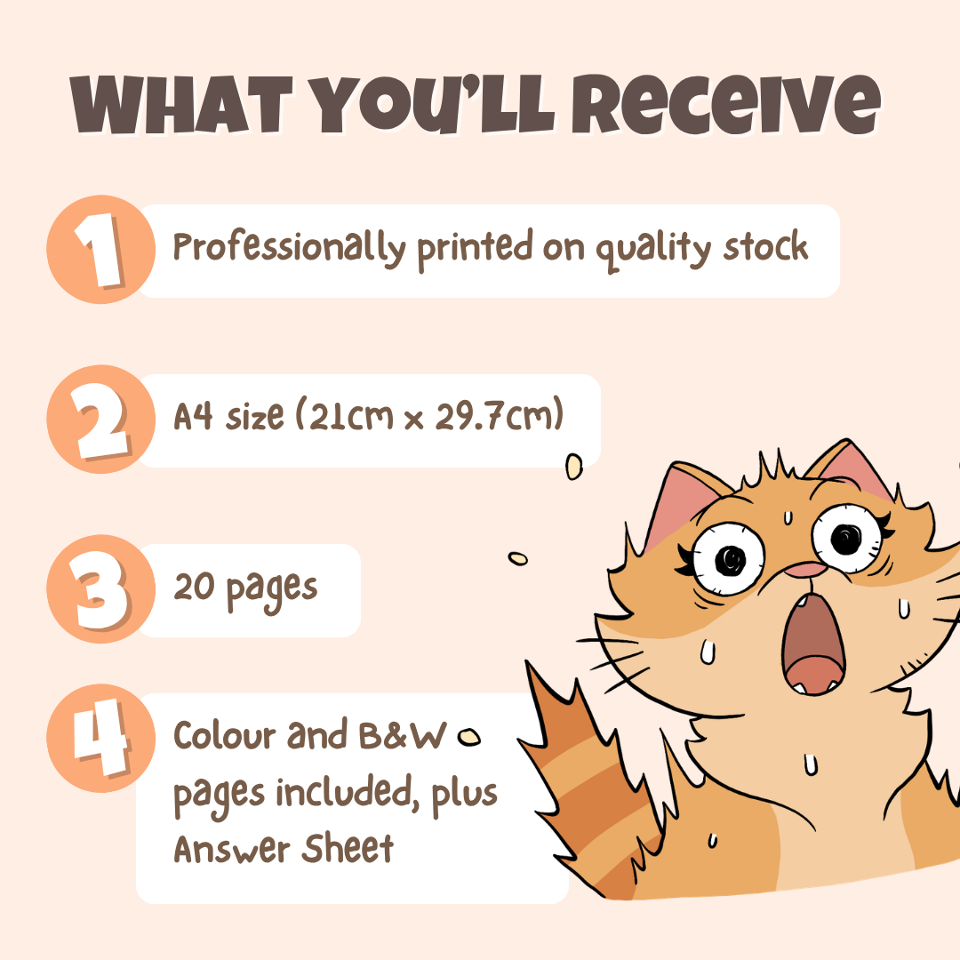 What you'll receive showing professionally printed activity pack on quality stock in A4 size with 20 pages including colour and black and white pages plus answer sheet
