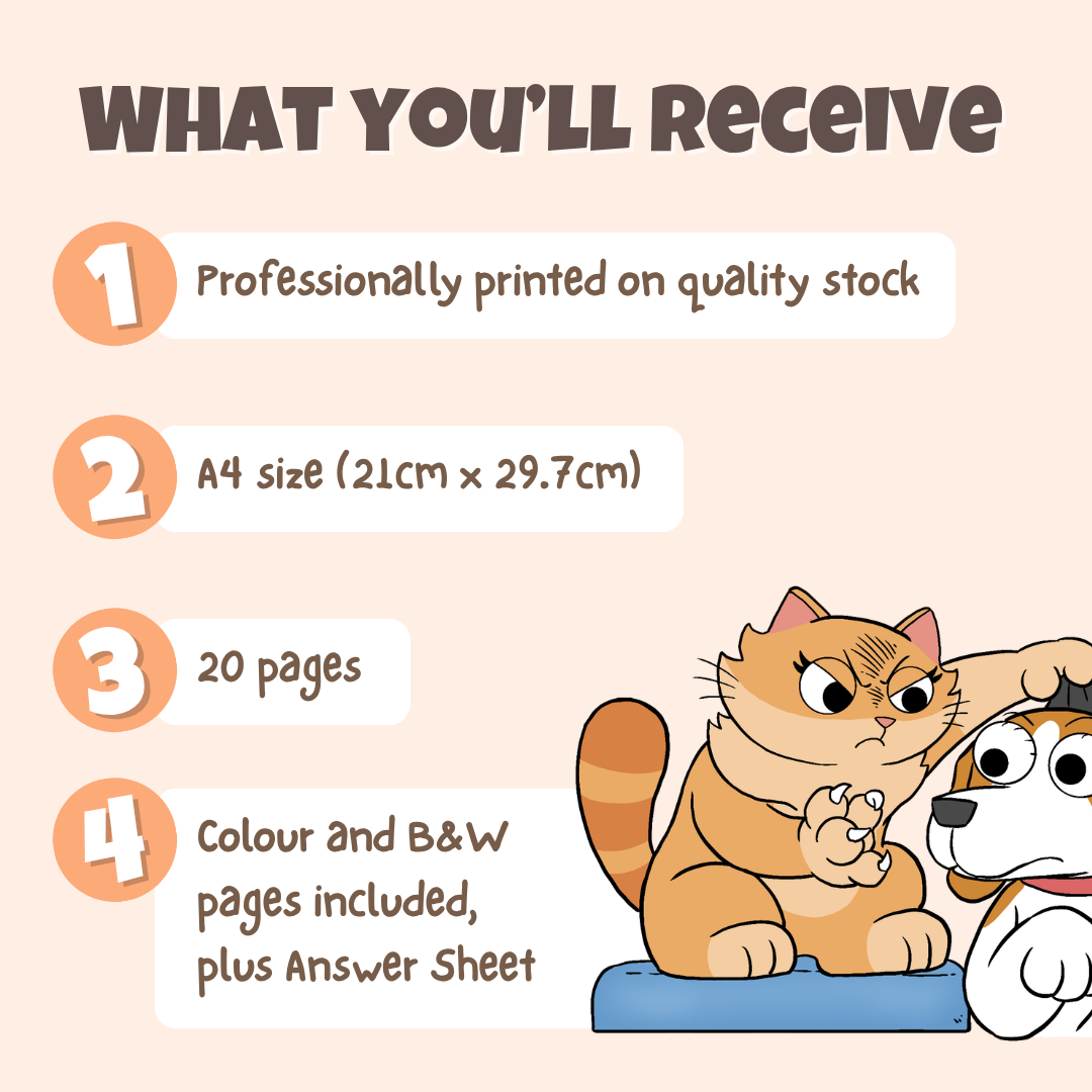 What you'll receive showing professionally printed activity pack on quality stock in A4 size with 20 pages including colour and black and white pages plus answer sheet
