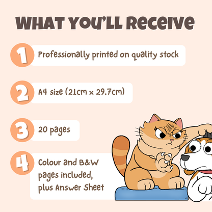 What you'll receive showing professionally printed activity pack on quality stock in A4 size with 20 pages including colour and black and white pages plus answer sheet
