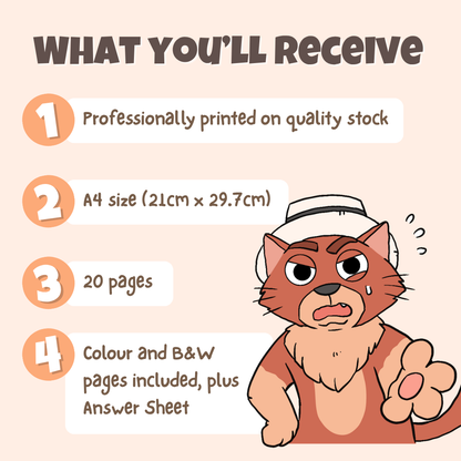 What you'll receive showing professionally printed activity pack on quality stock in A4 size with 20 pages including colour and black and white pages plus answer sheet
