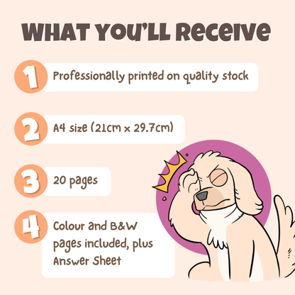 What you'll receive showing professionally printed activity pack on quality stock in A4 size with 20 pages including colour and black and white pages plus answer sheet