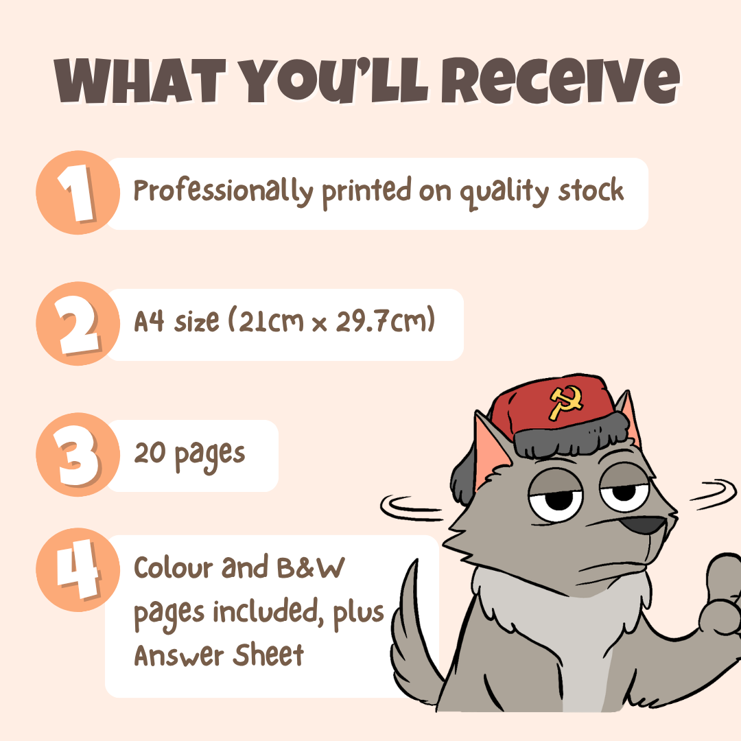 What you'll receive showing professionally printed activity pack on quality stock in A4 size with 20 pages including colour and black and white pages plus answer sheet
