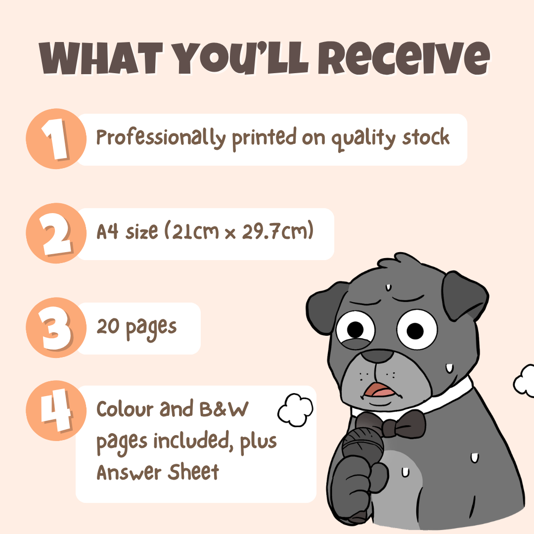 What you'll receive showing professionally printed activity pack on quality stock in A4 size with 20 pages including colour and black and white pages plus answer sheet
