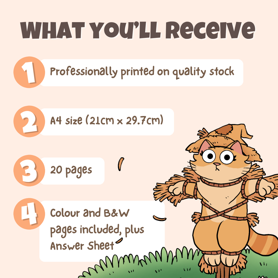 What you'll receive showing professionally printed activity pack on quality stock in A4 size with 20 pages including colour and black and white pages plus answer sheet
