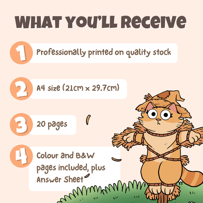 What you'll receive showing professionally printed activity pack on quality stock in A4 size with 20 pages including colour and black and white pages plus answer sheet
