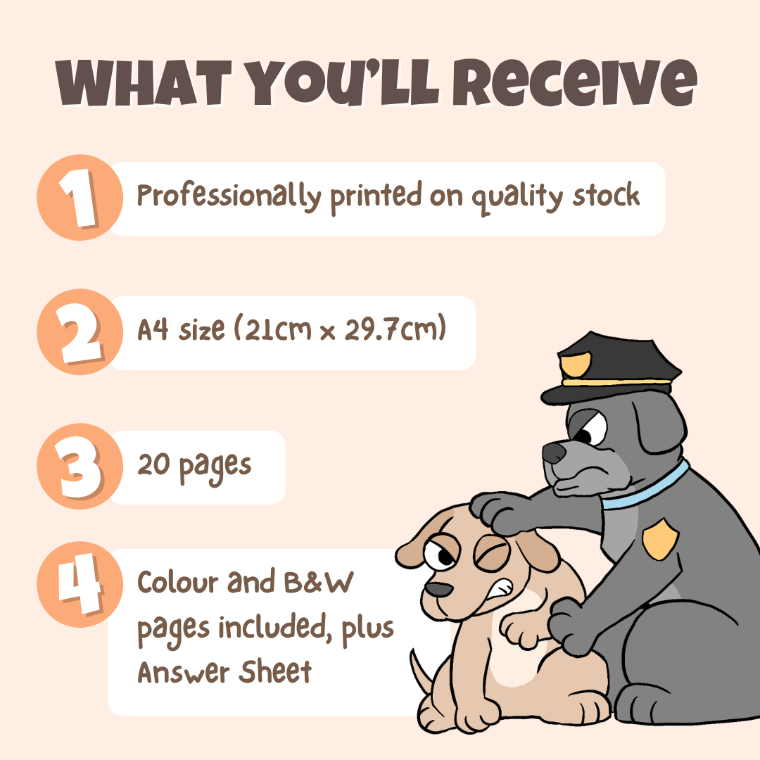 What you'll receive showing professionally printed activity pack on quality stock in A4 size with 20 pages including colour and black and white pages plus answer sheet
