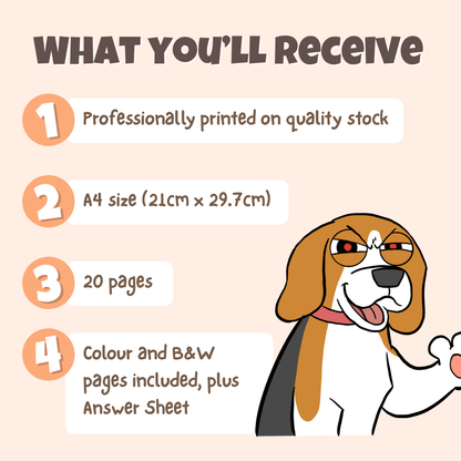What you'll receive showing professionally printed activity pack on quality stock in A4 size with 20 pages including colour and black and white pages plus answer sheet
