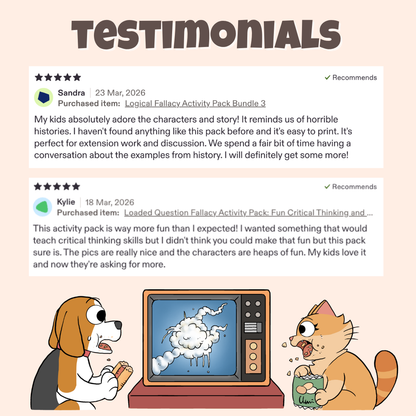 Five star teacher testimonials praising the characters, stories, and classroom discussion activities