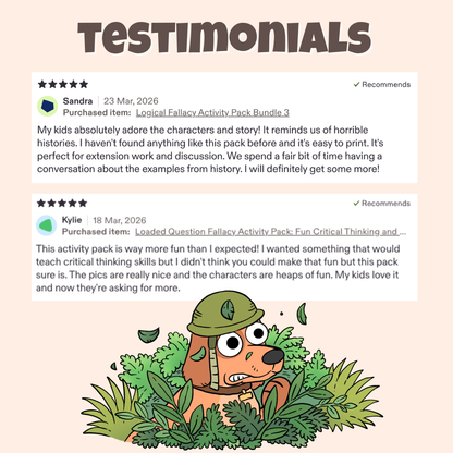 Five star teacher testimonials praising the characters, stories, and classroom discussion activities