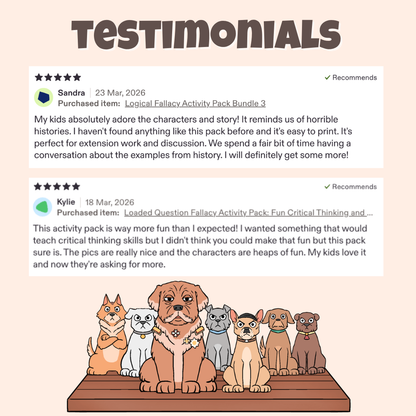 Five star teacher testimonials praising the characters, stories, and classroom discussion activities