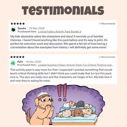 Five star teacher testimonials praising the characters, stories, and classroom discussion activities
