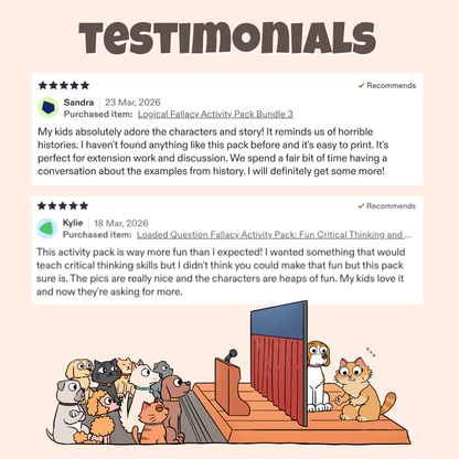 Five star teacher testimonials praising the characters, stories, and classroom discussion activities