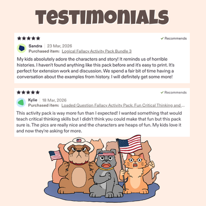 Five star teacher testimonials praising the characters, stories, and classroom discussion activities