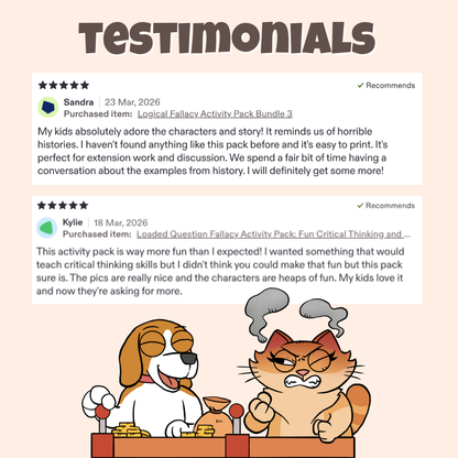 Five star teacher testimonials praising the characters, stories, and classroom discussion activities
