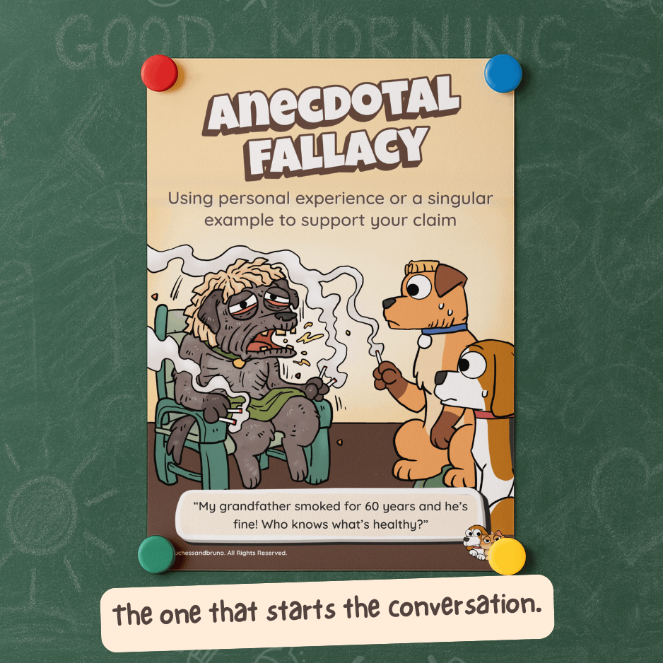 Anecdotal Fallacy poster pinned to a classroom chalkboard, showing Bruno and a grandfather who has smoked for sixty years