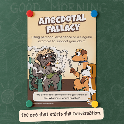 Anecdotal Fallacy poster pinned to a classroom chalkboard, showing Bruno and a grandfather who has smoked for sixty years