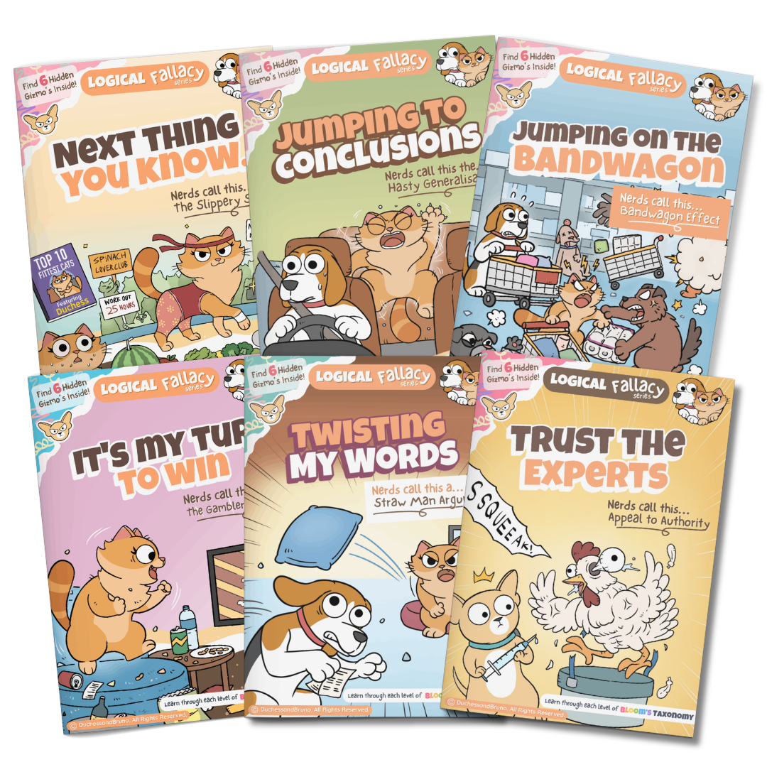 Logical Fallacy Starter Set showing the six included activity pack covers: Slippery Slope, Hasty Generalisation, Bandwagon Effect, Gambler's Fallacy, Straw Man Argument, and Appeal to Authority.