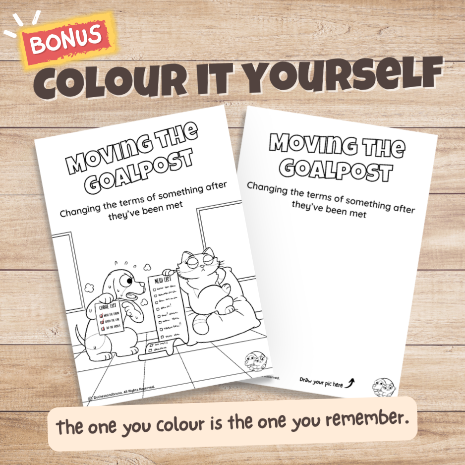 Moving the Goalpost fallacy poster bonus colouring page, the same illustration in black and white for students to colour in