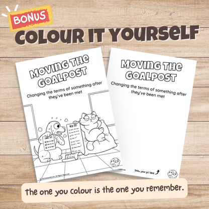 Moving the Goalpost fallacy poster bonus colouring page, the same illustration in black and white for students to colour in