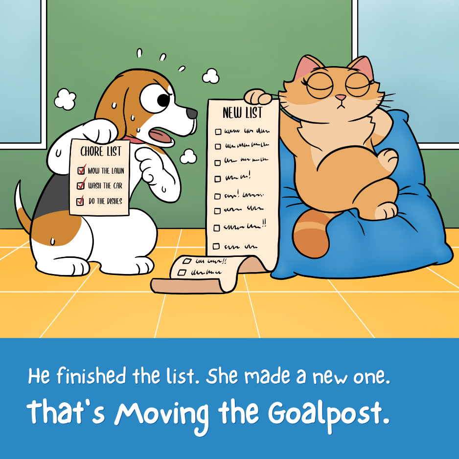 Illustrated comic panel from the Moving the Goalpost poster with a caption explaining the reasoning mistake