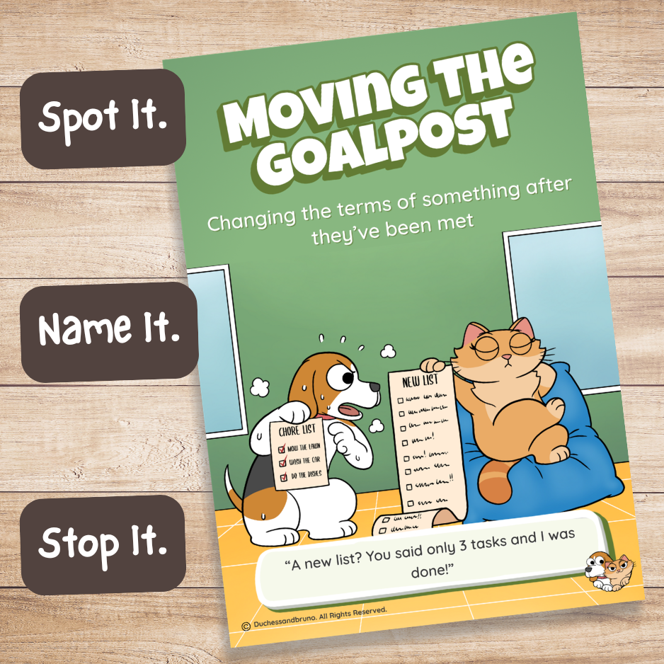 Printed Moving the Goalpost fallacy poster on a wooden desk with Spot It, Name It, Stop It labels