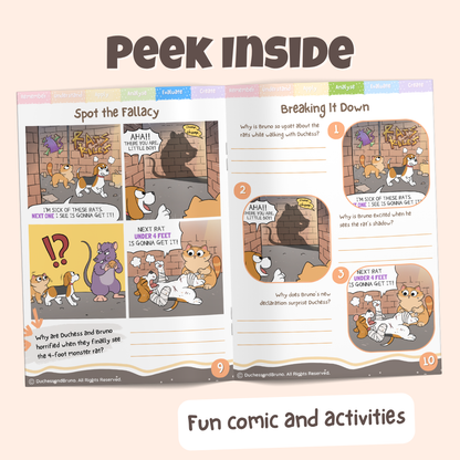 Peek inside the Moving the Goalpost pack showing the Spot the Fallacy comic and Breaking It Down activity pages with fun comics and activities