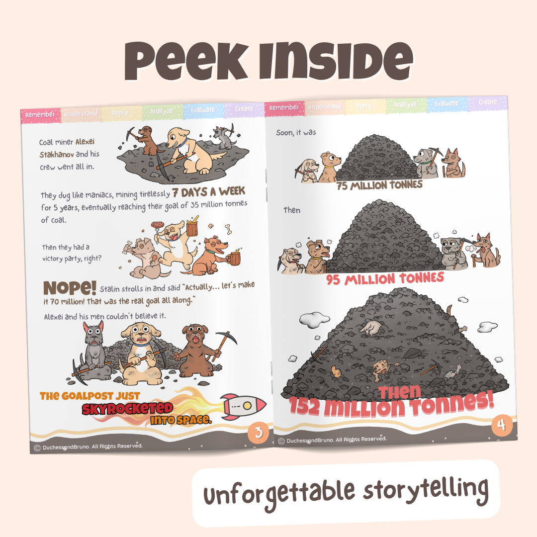 Peek inside the Moving the Goalpost pack showing illustrated historical storytelling pages about how Joseph Stalin kept moving the goalpost with the soviet people, working them to death