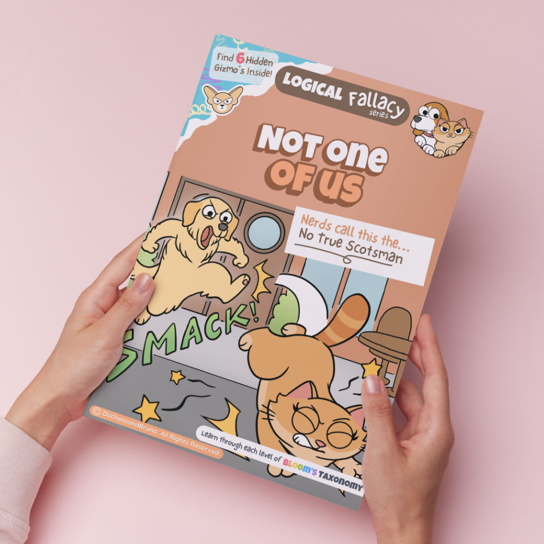 Hand holding a printed copy of the No True Scotsman logical fallacy activity pack showing the cover and print quality
