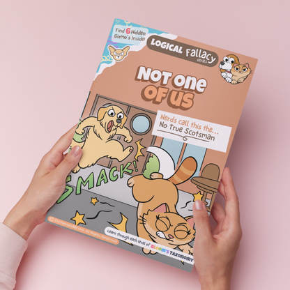 Hand holding a printed copy of the No True Scotsman logical fallacy activity pack showing the cover and print quality