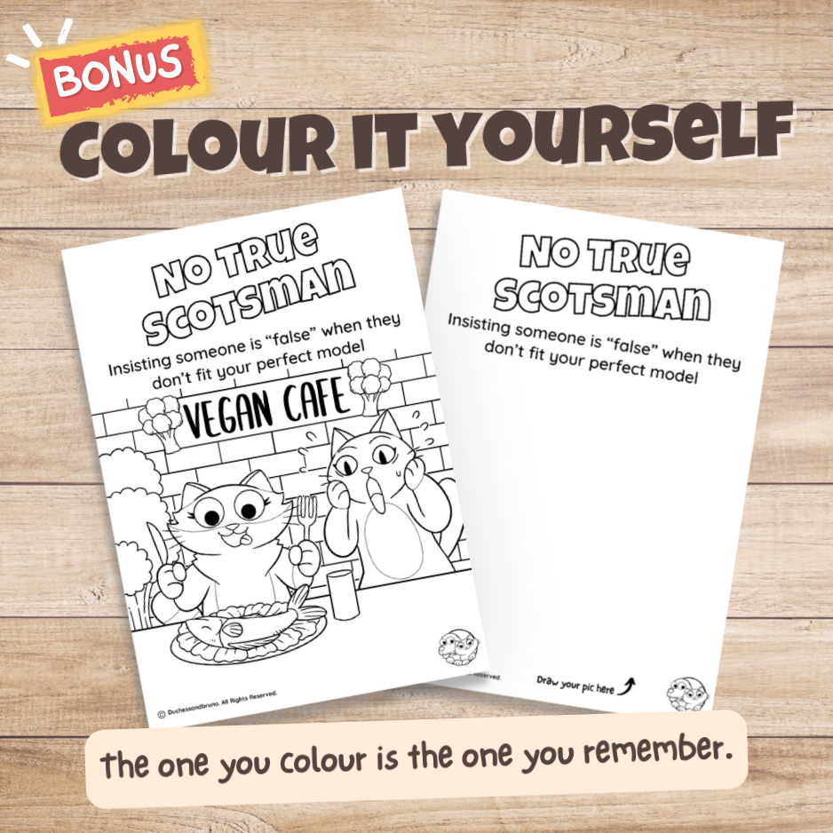 No True Scotsman fallacy poster bonus colouring page, the same illustration in black and white for students to colour in