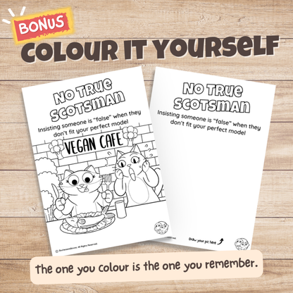 No True Scotsman fallacy poster bonus colouring page, the same illustration in black and white for students to colour in