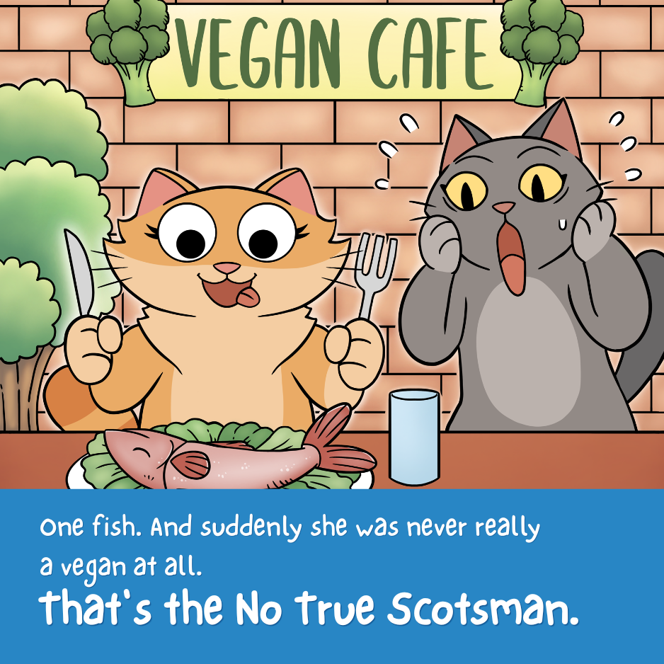 Illustrated comic panel from the No True Scotsman poster with a caption explaining the reasoning mistake