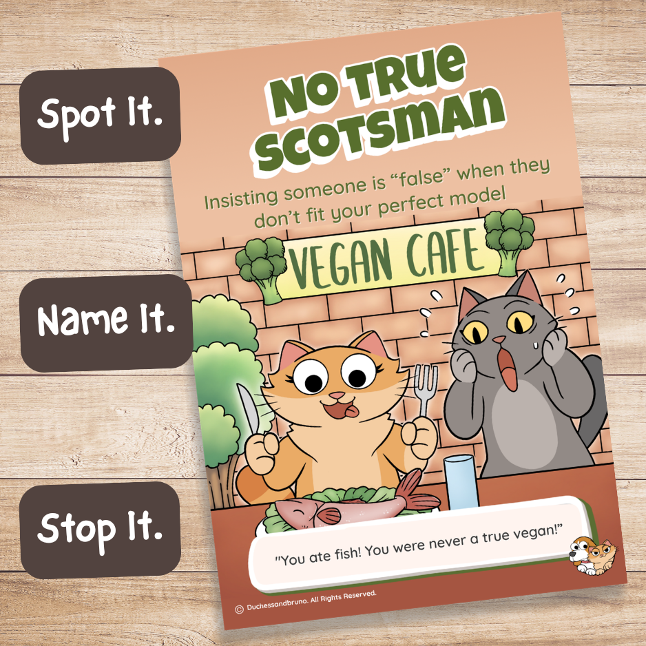 Printed No True Scotsman fallacy poster on a wooden desk with Spot It, Name It, Stop It labels