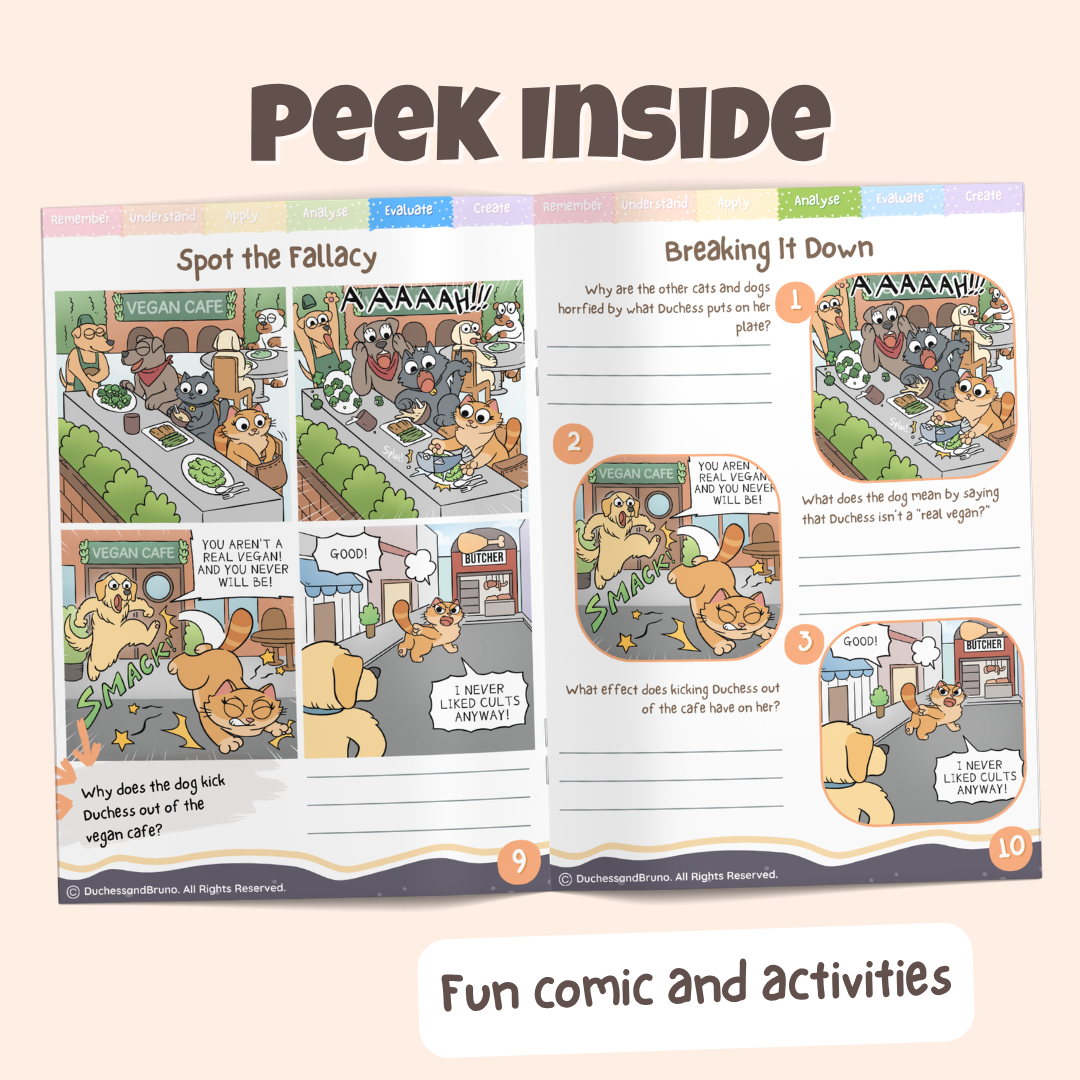 Peek inside the No True Scotsman pack showing the Spot the Fallacy comic and Breaking It Down activity pages with fun comics and activities