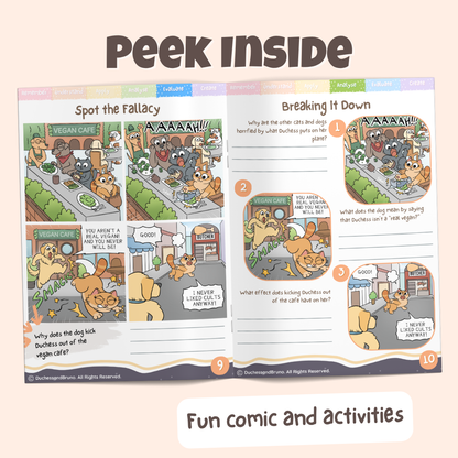 Peek inside the No True Scotsman pack showing the Spot the Fallacy comic and Breaking It Down activity pages with fun comics and activities