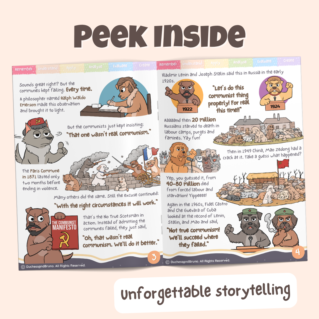 Peek inside the No True Scotsman pack showing illustrated historical storytelling pages about how Communist leaders believed that previous versions of communist were not pure or ideal and that they could do it better