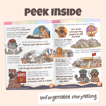 Peek inside the No True Scotsman pack showing illustrated historical storytelling pages about how Communist leaders believed that previous versions of communist were not pure or ideal and that they could do it better