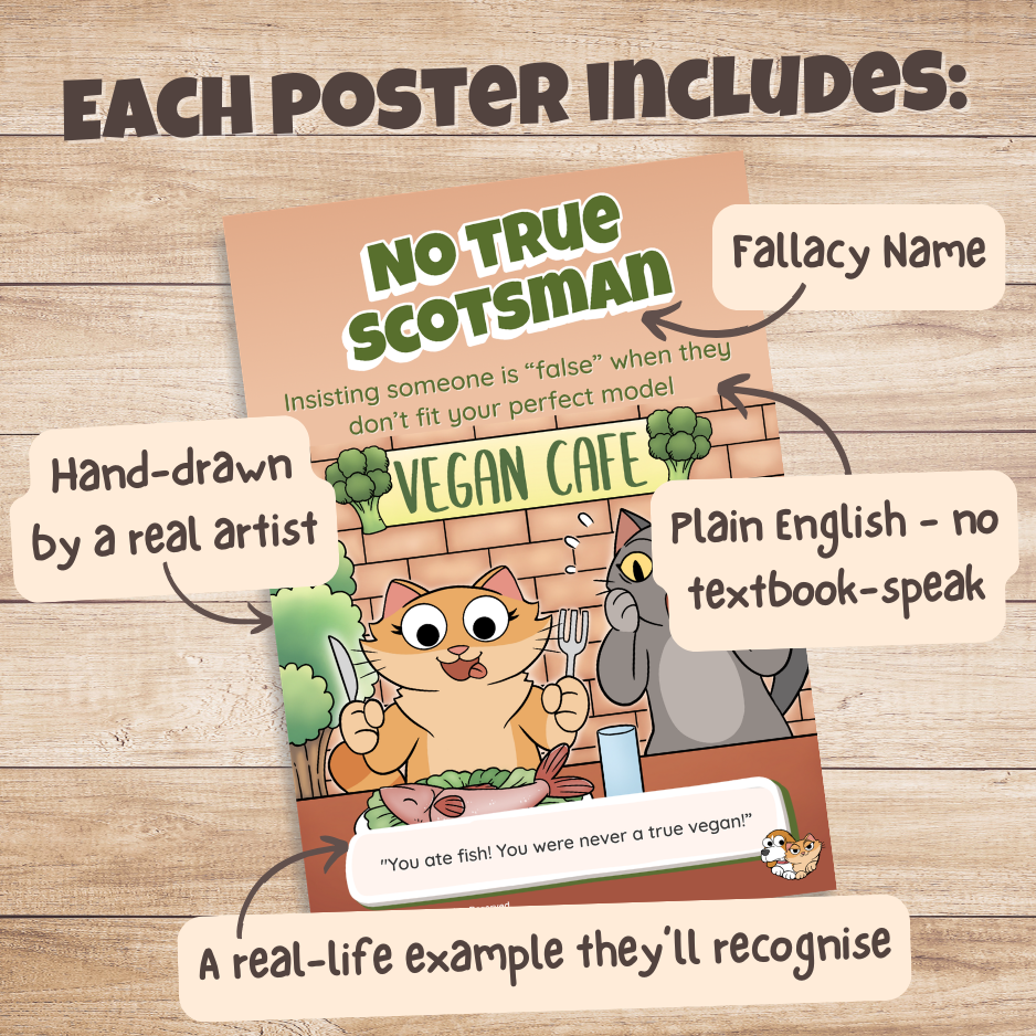 No True Scotsman poster with labels pointing out the fallacy name, plain English definition, hand-drawn artwork and real-life example