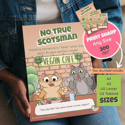 Someone holding the printed No True Scotsman poster, with a note that the download includes A4, A3, US Letter and US Tabloid sizes at 300 dpi