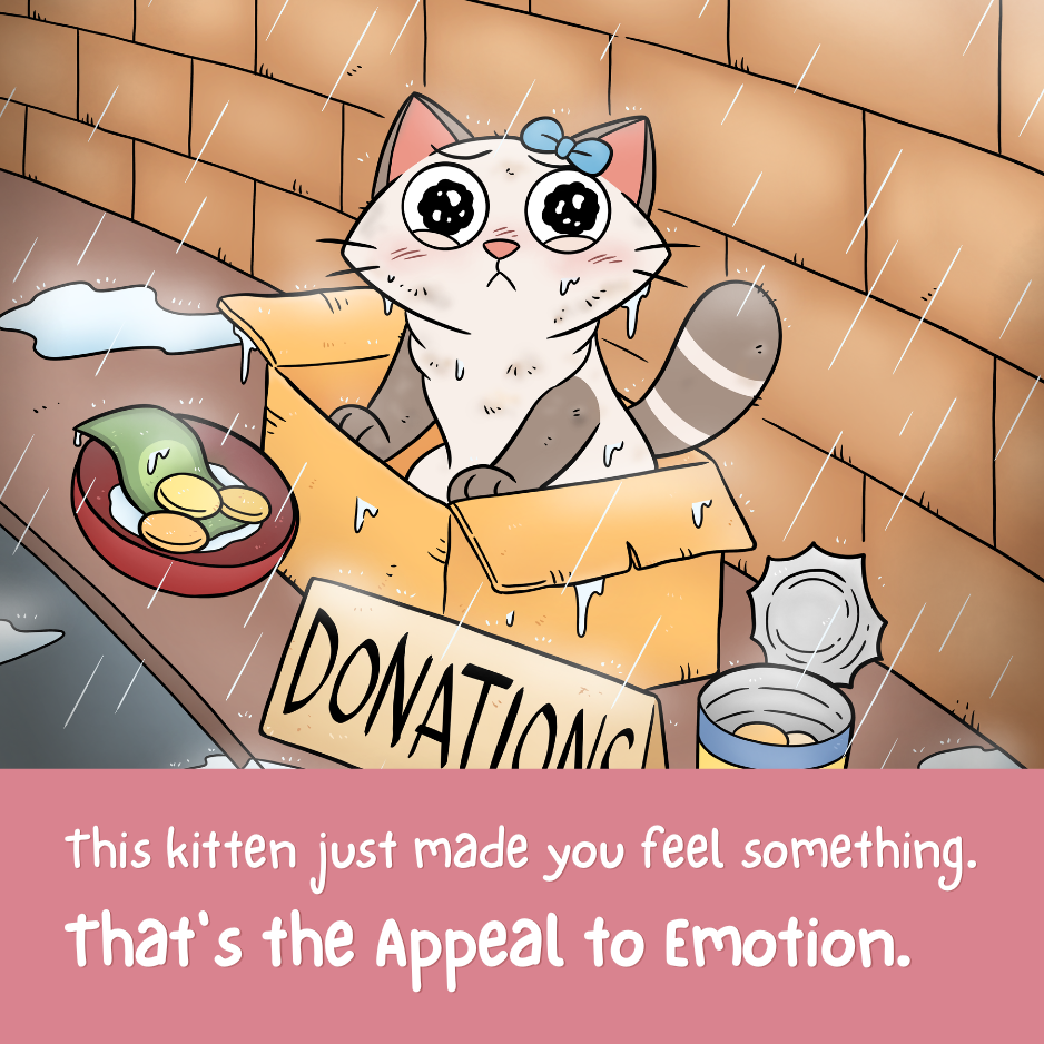 Illustrated comic panel from the Appeal to Emotion poster with a caption explaining the reasoning mistake