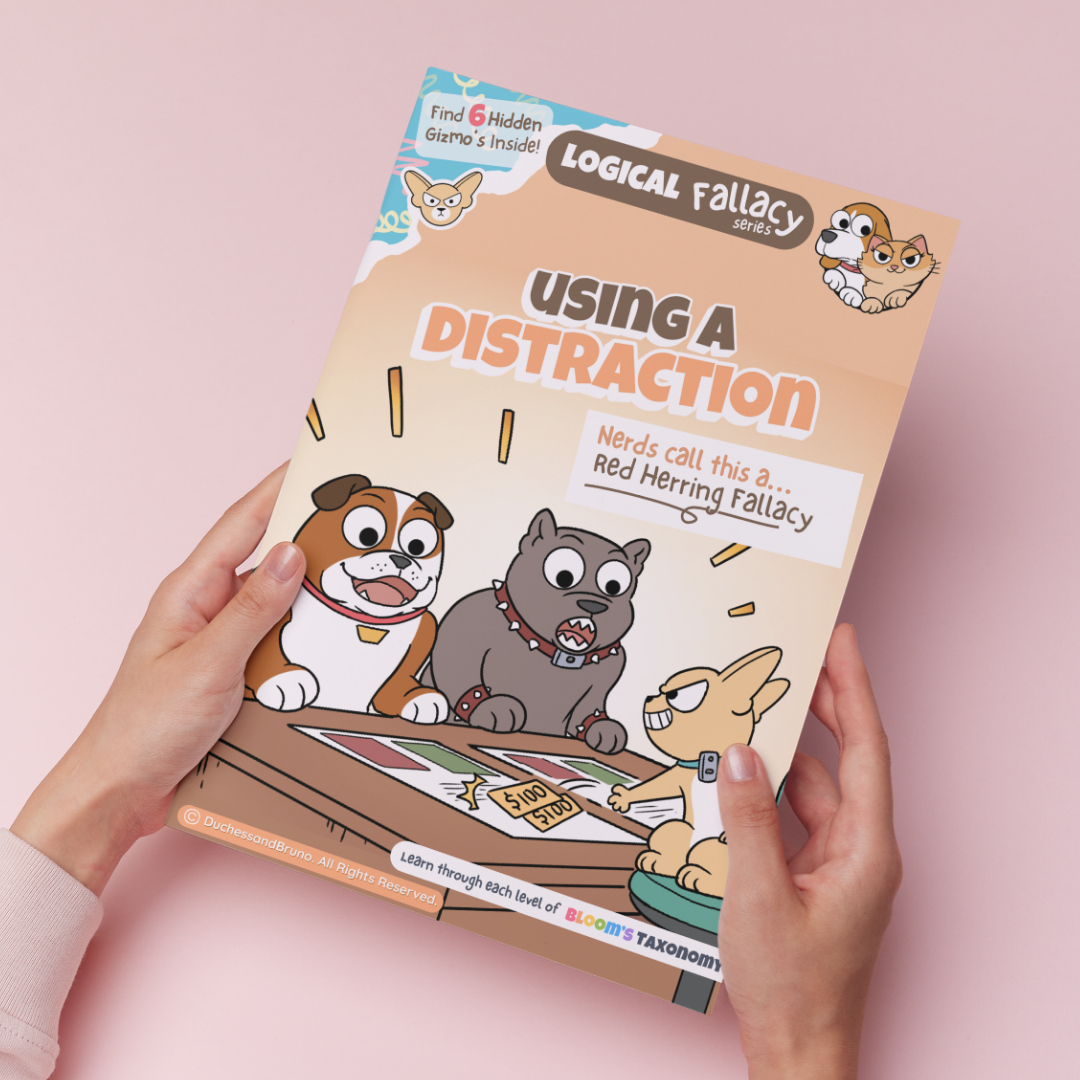 Hand holding a printed copy of the Red Herring logical fallacy activity pack showing the cover and print quality
