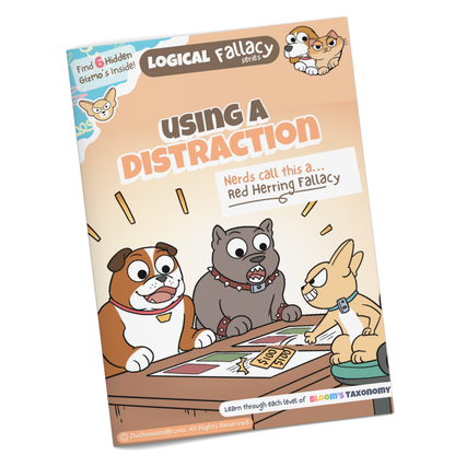 Red herring logical fallacy activity pack cover showing cartoon dog characters with the tagline Using a Distraction, professionally printed booklet