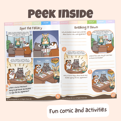 Peek inside the Red Herring logical fallacy pack showing the Spot the Fallacy comic and Breaking It Down activity pages with fun comics and activities
