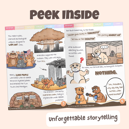Peek inside the Red Herring pack showing illustrated historical storytelling pages about George W. Bush distracting the American public from the real reasons for the invasion of Iraq in 2003