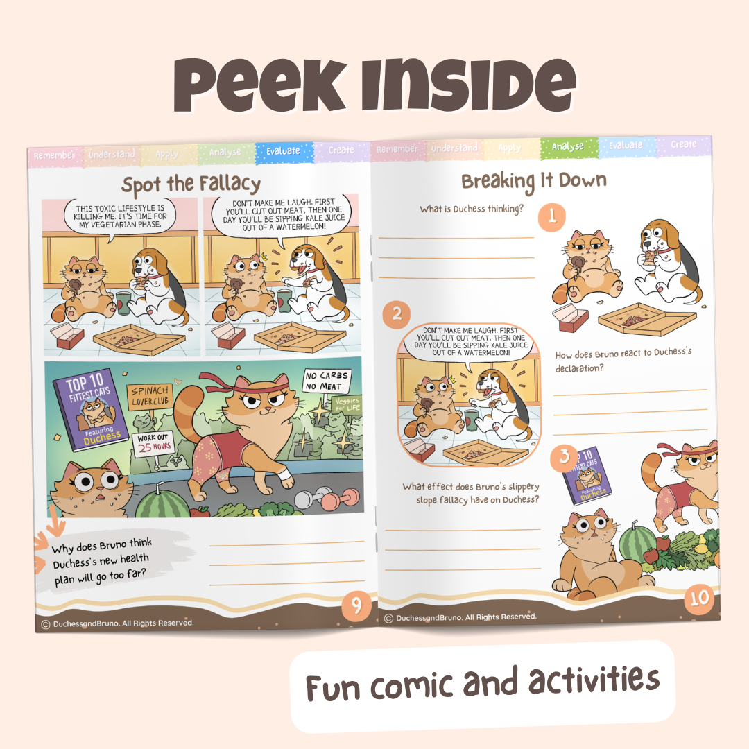 Peek inside the Slippery Slope pack showing the Spot the Fallacy comic and Breaking It Down activity pages with fun comics and activities