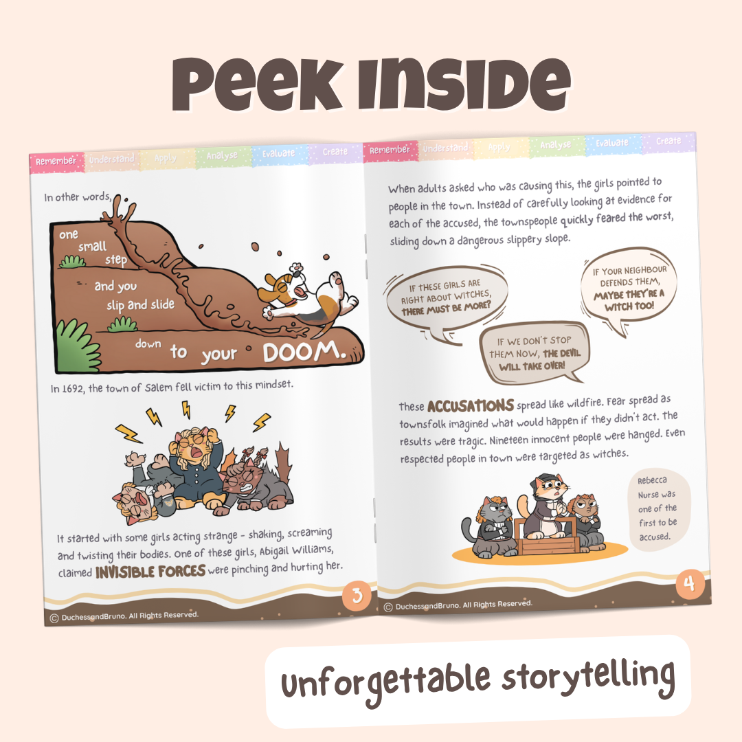 Peek inside the Slippery Slope pack showing illustrated historical storytelling pages about how the town of salem panicked down the slippery slope