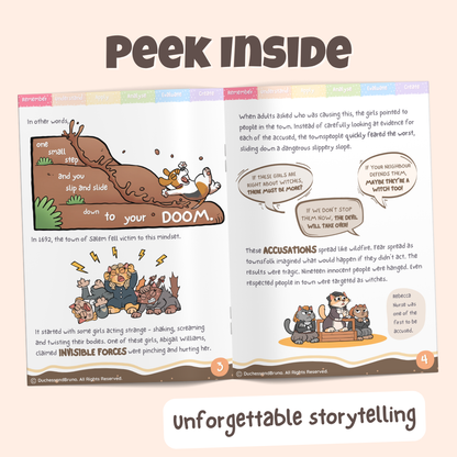 Peek inside the Slippery Slope pack showing illustrated historical storytelling pages about how the town of salem panicked down the slippery slope